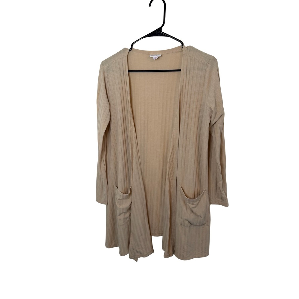 LuLaRoe Joy Cardigan Womens Medium Beige Tan Ribbed Open Front Long Sleeve